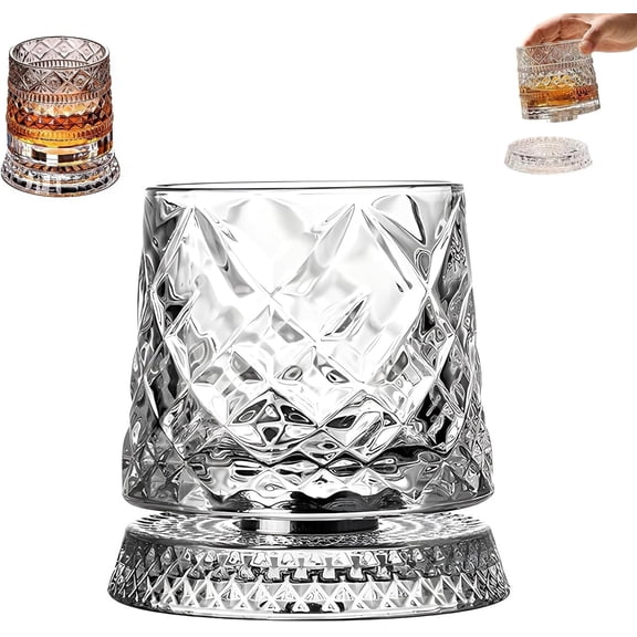 360 Degree Rotating Whiskey Glass,Crystal Tumbler with Unique Relief Base,Rotatable Cocktail Wine Cup for Flavor