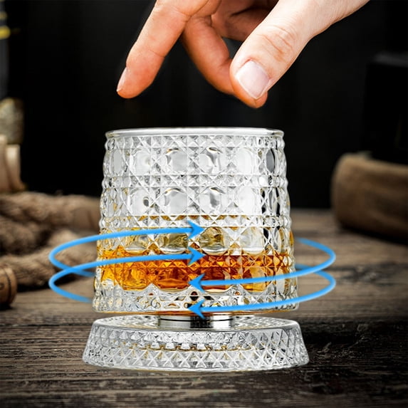 360 Degree Rotating Whiskey Glass, Spinning Cocktail Glass with Stable Decoupled Base, Fashioned Crystal Cut Drinking Glassware with Stress Relief Function, Unique Whiskey Gift for Husband Father