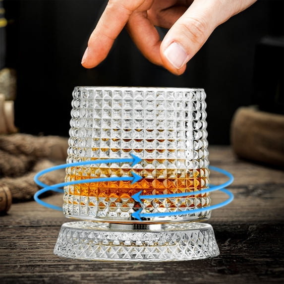 360 Degree Rotating Whiskey Glass, Spinning Cocktail Glass with Stable Decoupled Base, Fashioned Crystal Cut Drinking Glassware with Stress Relief Function, Unique Whiskey Gift for Husband Father