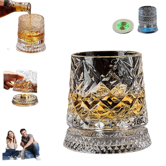 360 Degree Rotating Whiskey Glass, Spinning Crystal Bourbon Tumbler Glowing Old Fashioned Scotch Glasses Gift, Spinning Cocktail Glass with Rotating Base, Elegant Gift for Men