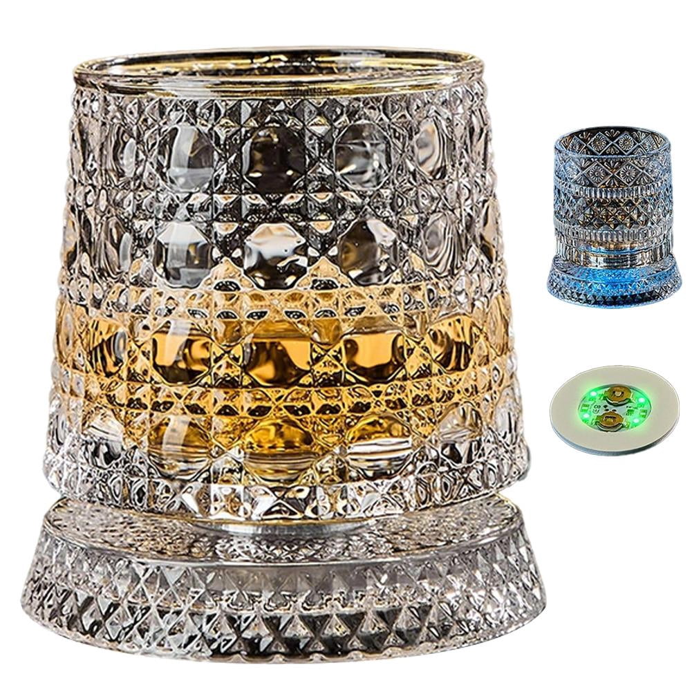 360 Degree Rotating Whiskey Glass with Light up Stand, LED Crystal Wine Glass Stable Base, Clear Swivel with Wine Rotatable
