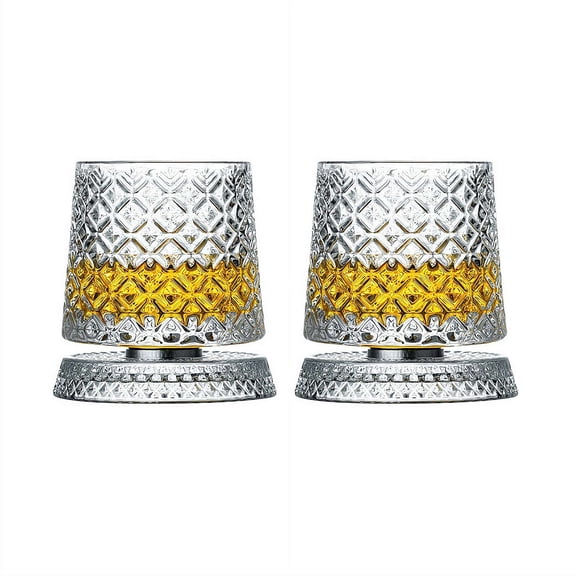 360 Degree Rotating Whiskey Glasses Set of 2, Crystal Cut Old Fashioned Tumbler with Spinning Base, Unique Barware Gift for Men, Husband, Father