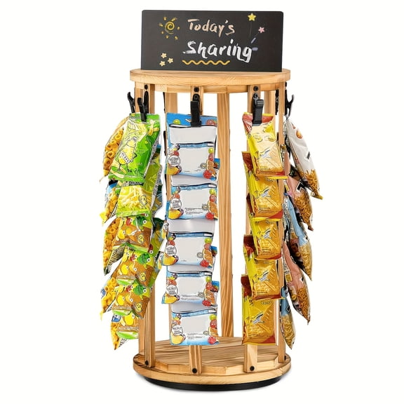 360-Degree Rotating Wooden Snack Display Rack with 24 Hooks and Chalkboard Sign