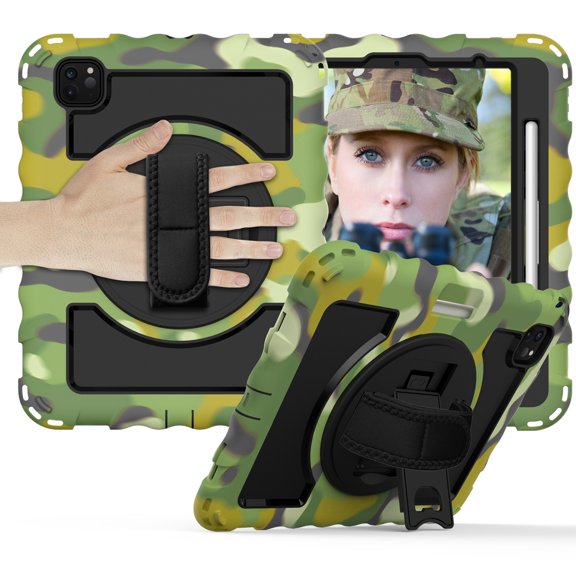 360 Degree Rotating iPad Pro 11 inch 2020 2nd Generation Case with Pencil Holder, Dteck Kickstand Shockproof Heavy Duty with Shoulder Strap Hand Strap For iPad Pro 11 (2020), Camouflage