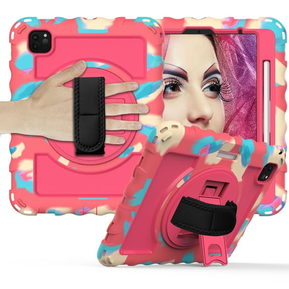 360 Degree Rotating iPad Pro 11 inch 2020 2nd Generation Case with Pencil Holder, Dteck Kickstand Shockproof Heavy Duty with Shoulder Strap Hand Strap For iPad Pro 11 (2020), Colorful + Rose