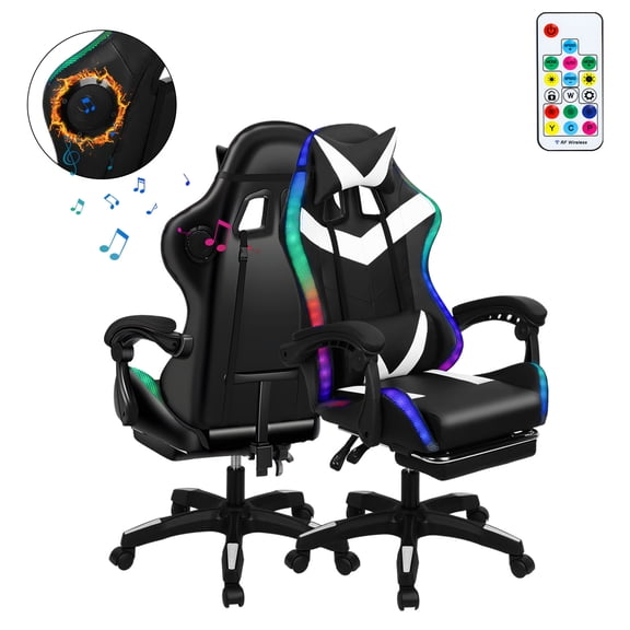 360 Degree Rotation Gaming Chair, Adjustable Height Computer Chair with Two Bluetooth-compatible Speakers, Multiple RGB LED Light Modes Game Chair with Retractable Footrest