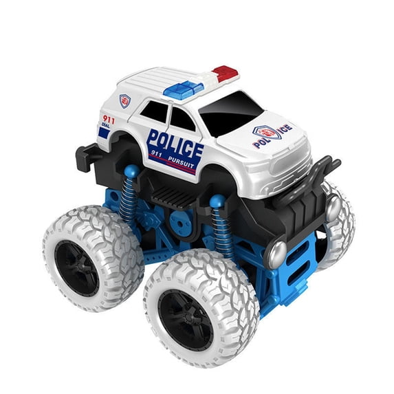 360 Degree Rotation Police Monster Truck Inertia Stunt Vehicle with Friction Power for High Speed Racing and Impact Flip Action Fun Performance White