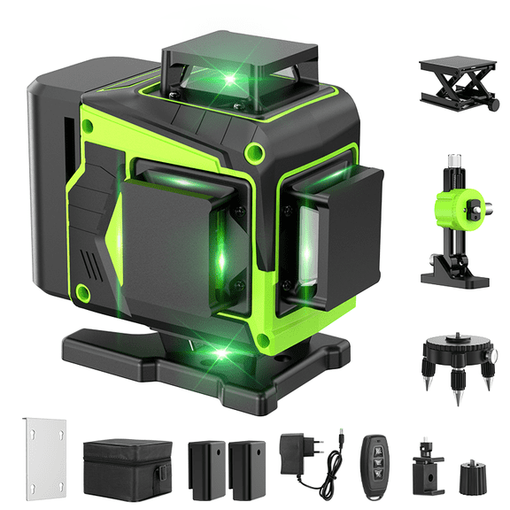360-Degree Self-Leveling Laser Level, 16-Line Green Laser Level, 2 x 360 Horizontal and 2 x 360 Vertical, 2 x Batteries, Wall Mount, Remote Control, Magnetic Base, Rotating Bracket