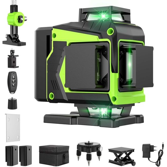 360-Degree Self-Leveling Laser Level, 16-Line Green Laser Level, 2 x 360 Horizontal and 2 x 360 Vertical, 2 x Batteries, Wall Mount, Remote Control, Magnetic Base, Rotating Bracket
