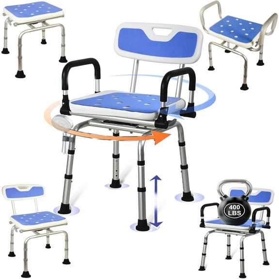 360 Degree Shower Chair Swivel with Soft Memory Foam Seat Pad,Portable Shower Seat with Armrests and Back, Foldable Adjustable Height Seat for Bathtub (White)