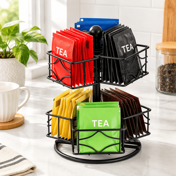 360 Degree Spinning Tea Bag Organizer, 6 Compartment Lazy Susan Storage for Kitchen