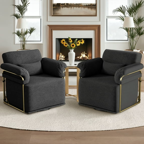 360 Degree Square Swivel Accent Sofa Chair with Gold Metal Legs Beige Set of 2