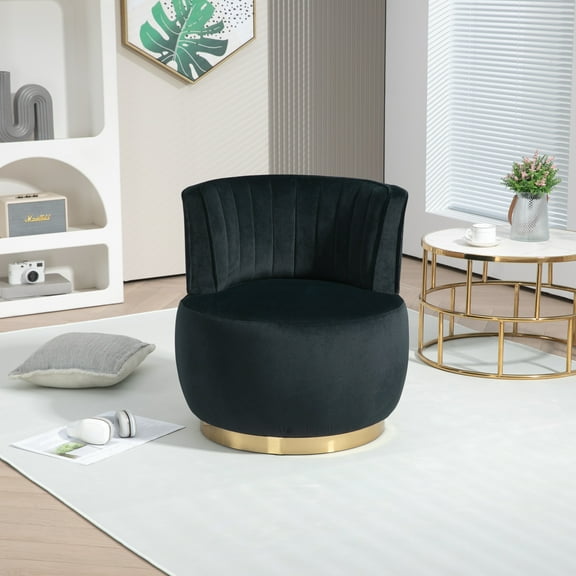 360-Degree Swivel Accent Armchair with Wide Upholstered Seat and Metal Base, Round Barrel Chairs in Fluffy Velvet Fabric for Living Room, Bedroom, Black