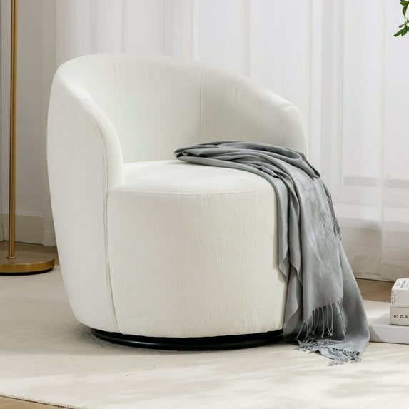 360-Degree Swivel Accent Armchair with Black Powder Coating Metal Base, Round Barrel Chairs in Chenille Fabric for Living Room, Bedroom, Ivory
