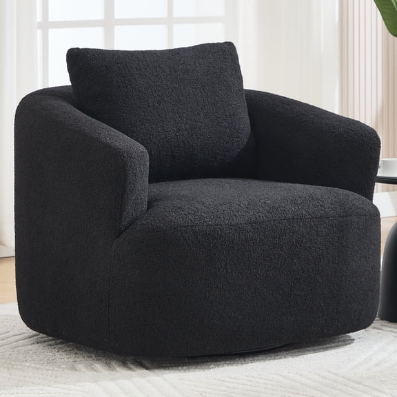 360 Degree Swivel Accent Chair, Modern Round Swivel Barrel Chair with Thick Padded Seat, Comfy Teddy Fleece Armchair Single Club Sofa Chair for Living Room, Black
