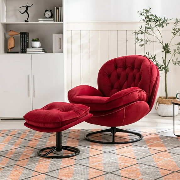 360-Degree Swivel Accent Chair with Ottoman Set, Modern Velvet Fabric Tufted Armchair with Footrest, Soft Backrest, Extra Wide Seat & Metal Base, Reading TV Chairs for Living Room, Bedroom, Red