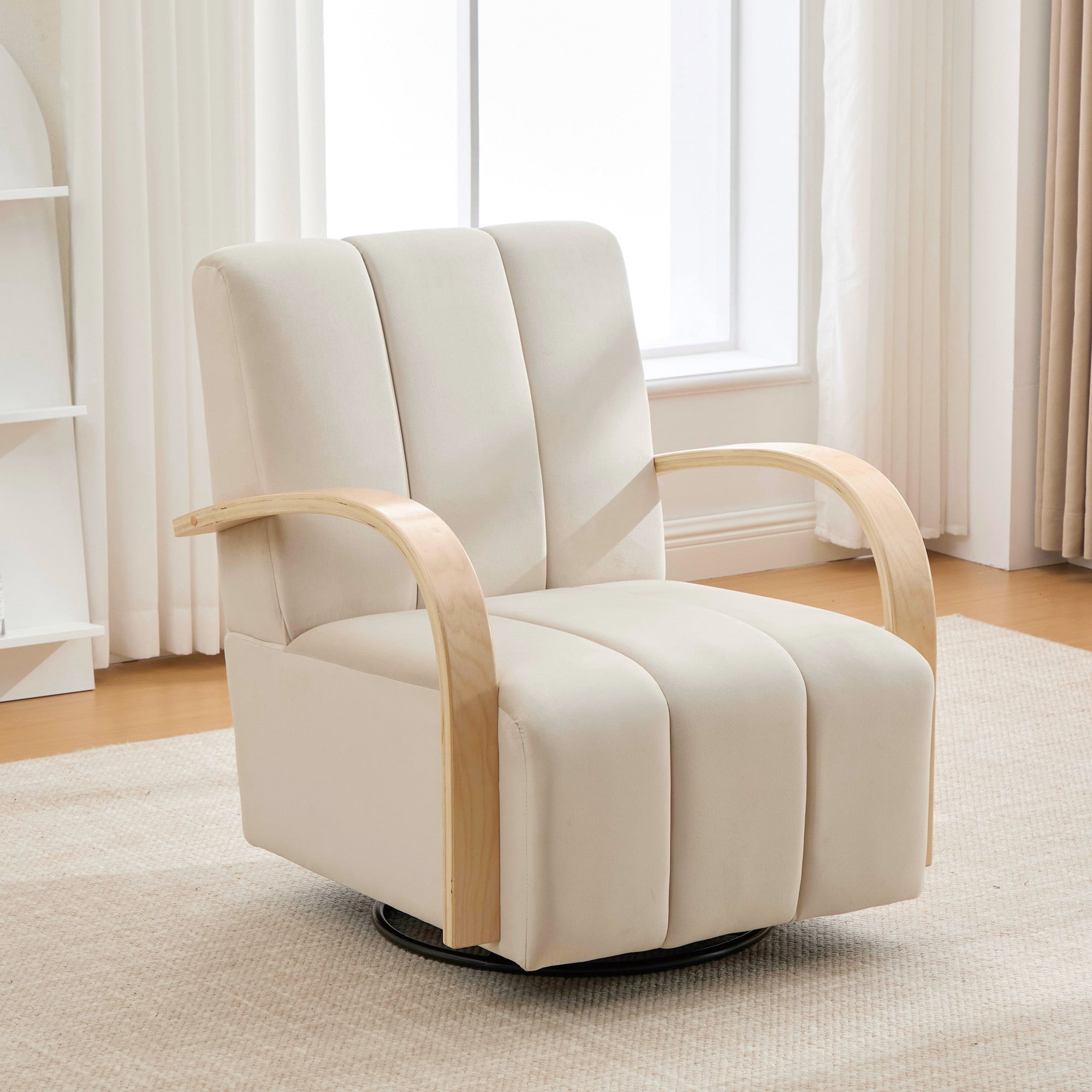 360-Degree Swivel Accent Chair with Solid Wood Armrests and Channel Tufted Backrest, Upholstered Lounge Reading Chair and Vanity Seat for Living Room, Beige