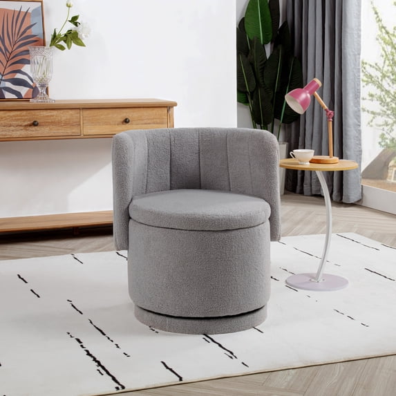 360 Degree Swivel Back Sofa Chair With Storage Space, Upholstered Comfy Modern Round Swivel Barrel Chair with Ergonomic Design, Chair Suitable For Bedroom and Living Room, Gray