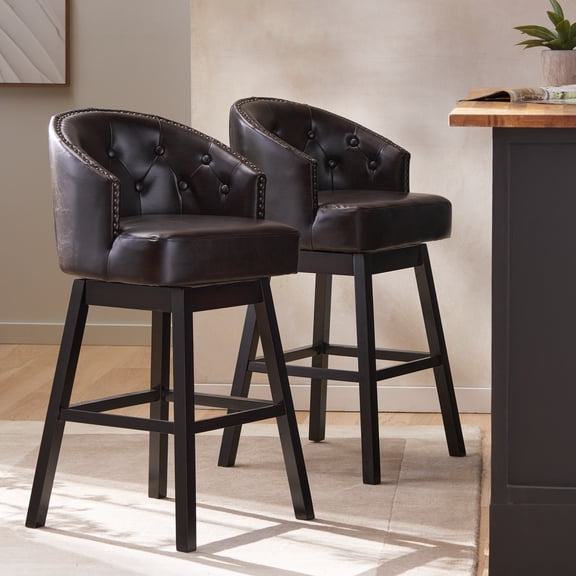 360 Degree Swivel Bar Stool Set of 2, Brown Contemporary Stools with Nailhead Trim & Button Tufted Back, Rubber Wood Frame, 31.25" Seat Height for Kitchen Island and Home Bar