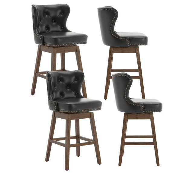 360 Degree Swivel Bar Stools, Counter Height Barstools, Modern Upholstered Bar Stools with Back Bar Chairs, 27 Inch Kitchen Island Bar Chair, Solid Wood Legs for Kitchen(Black,Set of 4)