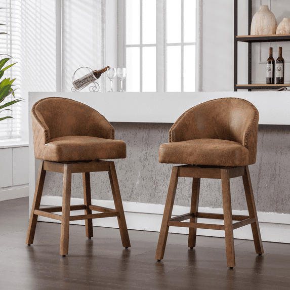 360 Degree Swivel Bar Stools, Counter Height Barstools, Modern Upholstered Bar Stools with Nailhead Trim Bar Chairs, 27 Inch Kitchen Island Bar Chair, Solid Wood Legs(Coffee Polyester,Set of 2)