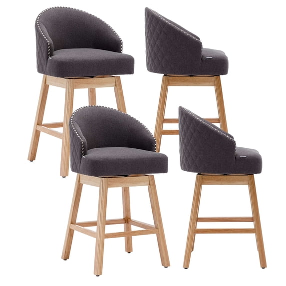 360 Degree Swivel Bar Stools, Counter Height Barstools, Modern Upholstered Bar Stools with Nailhead Trim Bar Chairs, 27 Inch Kitchen Island Bar Chair, Wood Legs(Charcoal Grey Linen,Set of 4)