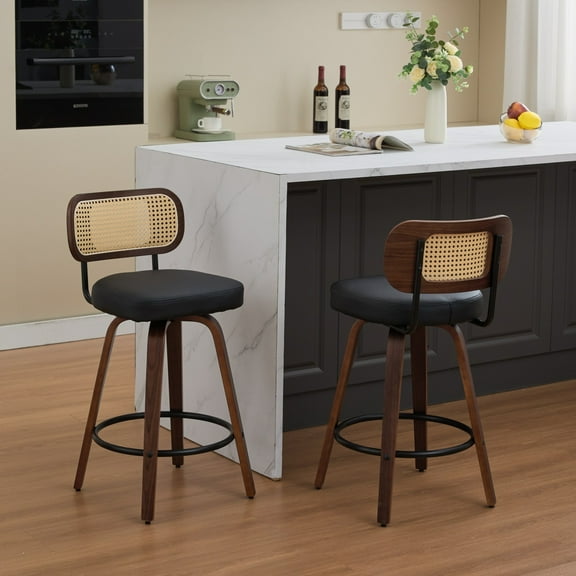 360 Degree Swivel Bar Stools Set Of 2, 26 Inch Upholstered Counter Height Chairs With Rattan Back And Pu Leather Seat For Kitchen Island, Dining Room, Black