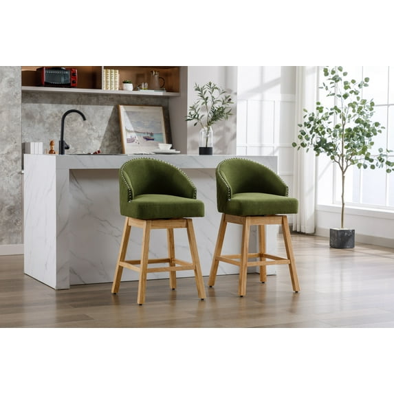 360 Degree Swivel Bar Stools Set of 2, Counter Height Bar Chairs with Back and Footrest, Linen Counter Height Bar Stools with Arm for Kitchen Dining Room, Green