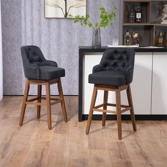 360 Degree Swivel Bar Stools Set of 2, Counter Height Bar Chairs with Button Tufted Backrest and Footrest, Upholstered Dining Chairs with Nailhead Trim for Kitchen Bar
