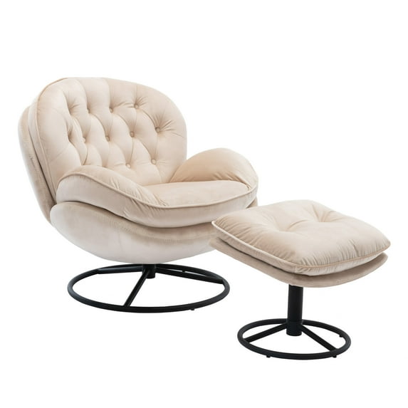 360 Degree Swivel Barrel Accent Chairs with Ottoman, Round Armless TV Chairs with Upholstered & Black Metal Base, Velvet Fabric Chair for Living Room, Bedroom & Office, Beige