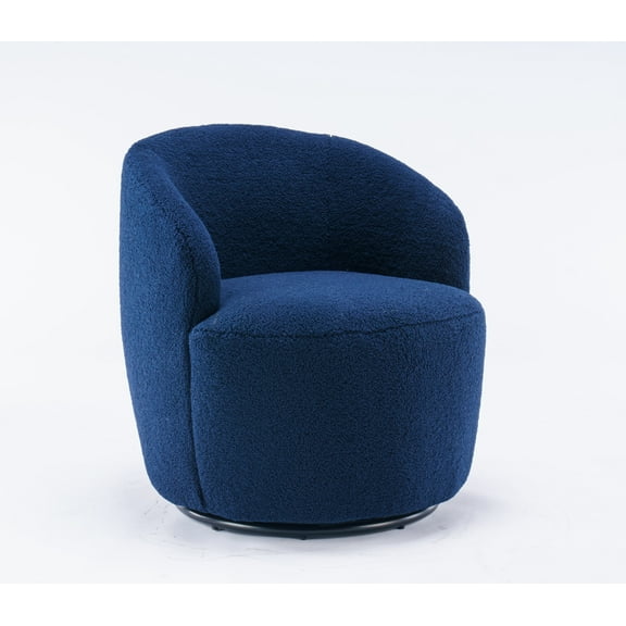 360 Degree Swivel Barrel Accent Chairs with Wraparound Backrest, Round Armchairs with Upholstered & Black Metal Base, Teddy Fabric Chair for Living Room, Bedroom & Office, Dark Blue