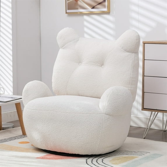 360 Degree Swivel Barrel Chair, Teddy Short Plush Particle Velvet Armchair with Stable Metal Base, Cartoon Shaped Accent Chair for Living Room Bedroom Dorm, White