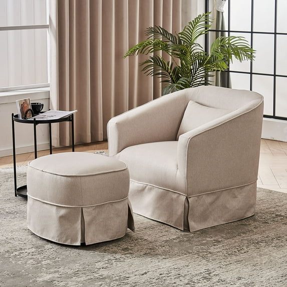 360 Degree Swivel Barrel Chair With Ottoman, Upholstered Accent Armchair With Rectangular Storage Footstool, For Home Apartment Office Hotel Living Room