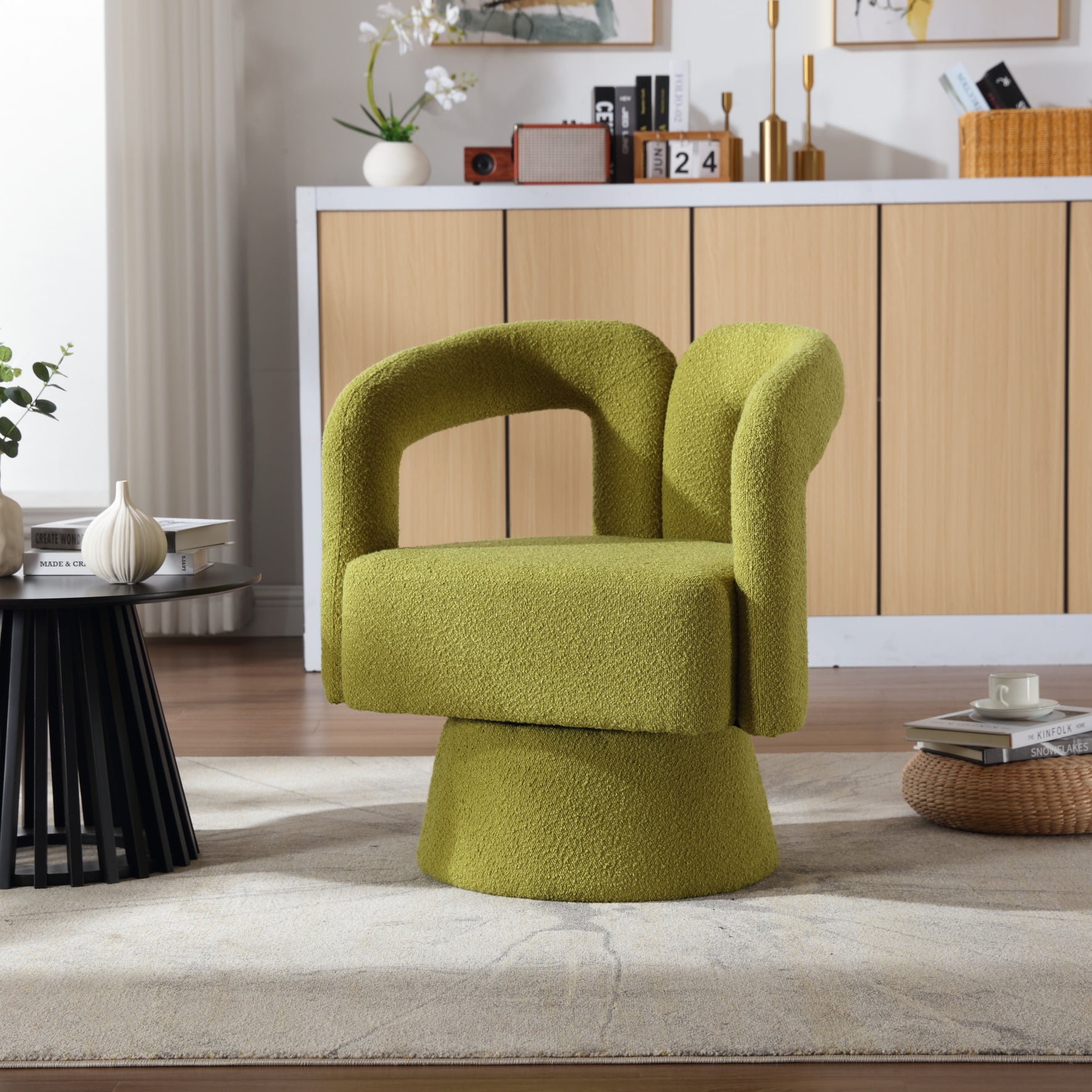 360 Degree Swivel Cuddle Barrel Accent Sofa Chairs Modern Round Armchairs with Hollow Backrest Boucle Accent Chair for Living Room Bedroom Office
