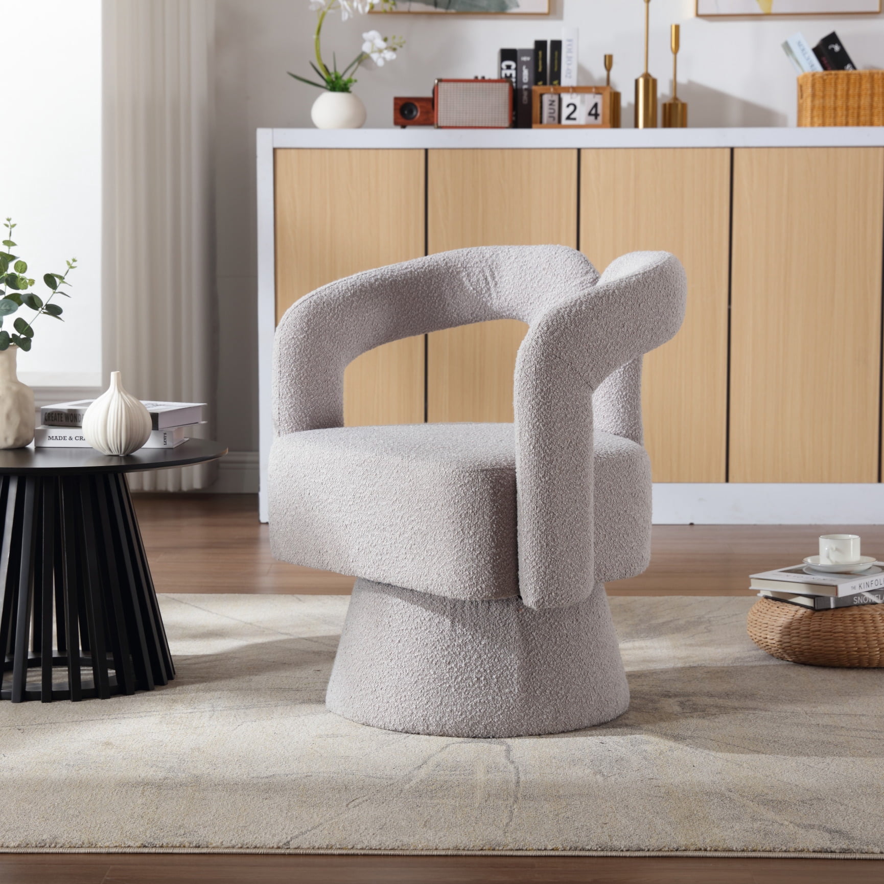 360 Degree Swivel Cuddle Barrel Chair with Wide Upholstered, Boucle ...