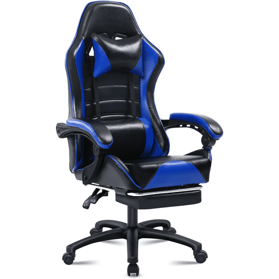 360 Degree Swivel Ergonomic Gaming Chairs, Comfortable PU Leather Computer Chair with Adjustable Arm Support and Headrest, Adjustable Lumbar Desk Office Chair for Adults 350lb, Blue