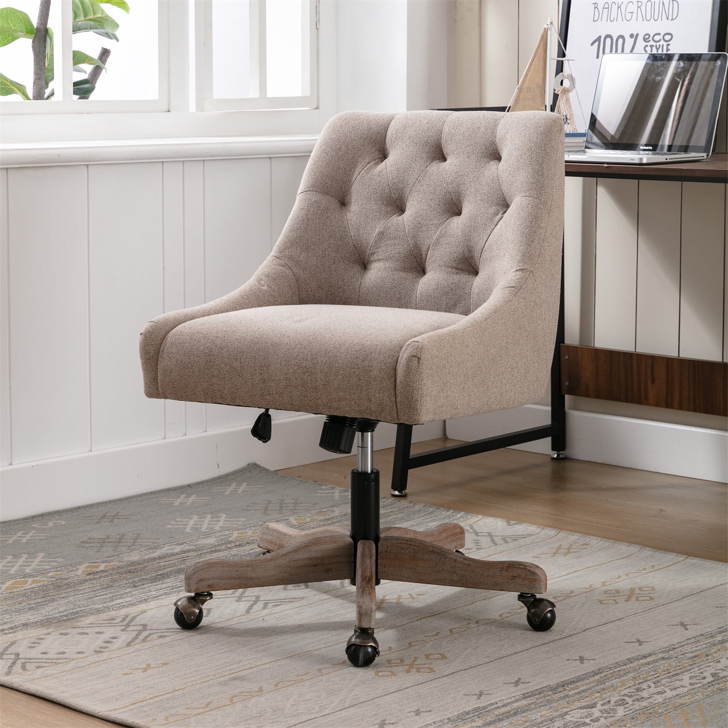360 Degree Swivel Home Office Desk Chair with Wheels, Modern Linen Upholstered Adjustable Office ...