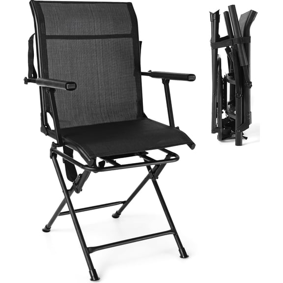 360 Degree Swivel Hunting Blind Chair, Portable Swivel Blind Stool w/Armrest, Sturdy Metal Frame, Mesh Back, Ground Hunting Blind Chair for Adults, Great for Outdoor, Hunting, Camping, Black