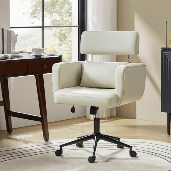 360-Degree Swivel Leather Deskchair with Wheels Adjustable Height for Home Office Bedroom Ivory