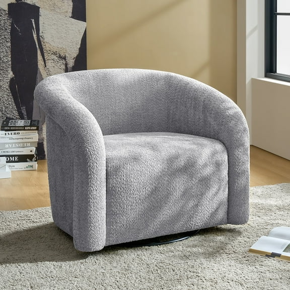 Modern Swivel Barrel Chair Gray Boucle Club Chair Upholstered Living Room