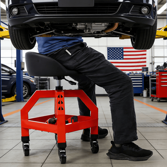360 Degree Swivel Pneumatic Stool Mechanics Rolling Creeper Seat Heavy Duty Shop Stool with Casters 300 Lb Capacity Foam Cushion Lower Shelf Wire Grid Alloy Steel Frame Garage Workshop Tool
