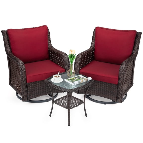 360-Degree Swivel Rocking Wicker Chair Set – 3 Piece Outdoor Rattan Patio Furniture with Glider Motion & Tempered Glass Side Table for Garden, Porch & Balcony