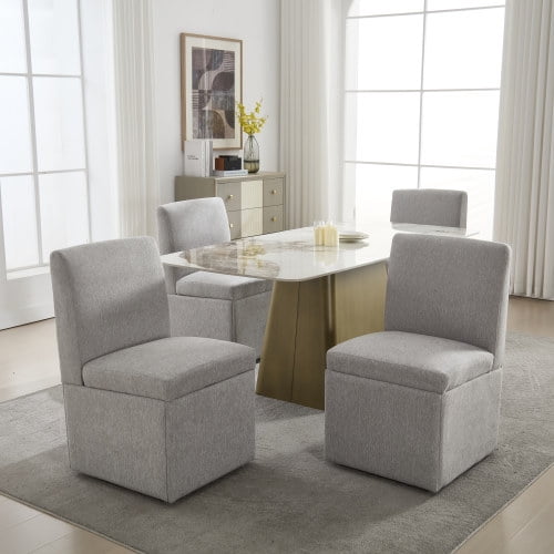 Set Of 2 Grey Chenille Rolling Dining Chairs With Hidden Casters - Modern Upholstered Swivel Chairs