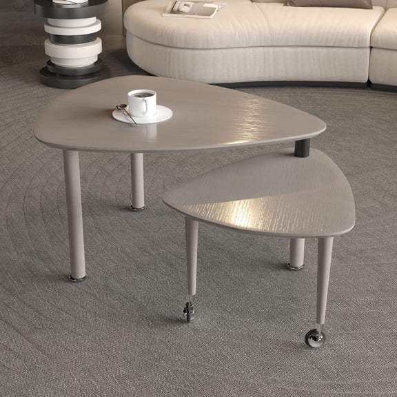 360 Degree Triangular Rotatable Coffee Table, Solid Wood Modern Cocktail Table, 2-Tier Design Center Table, for Living Room, Apartment, Office, Grey