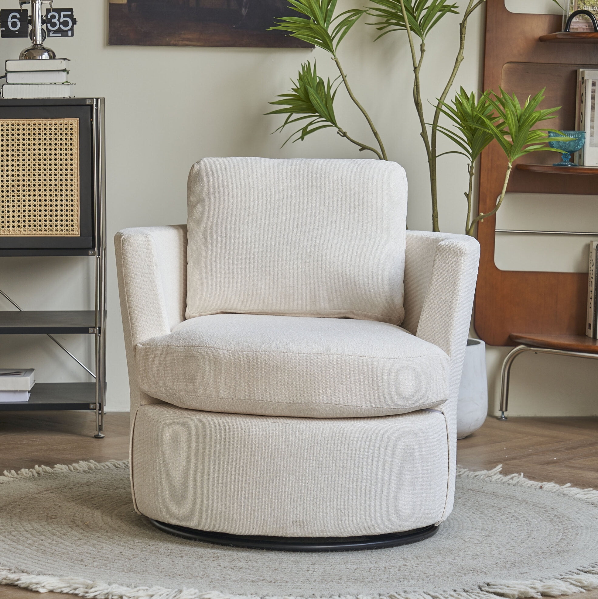 360 Degree Upholstered Swivel Barrel Chair with Pillow Comfy Round Accent Sofa Chair with Reversible Seat Cover Leisure Arm Chair for Nursery Hotel