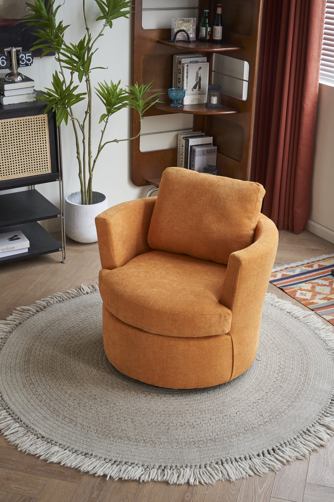 360 Degree Upholstered Swivel Barrel Chair with Round