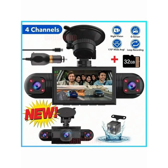 360 Degree View 4 Channel Car Dash Cam, Front/Rear/Inside/Left/Right Coverage, 3 Inch Screen with IR Night Vision, Loop Recording, G-Sensor, 24H Parking Mode​