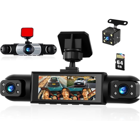 360 Degree View 4 Channel Dash Cam for Cars,Dash Cam Car Camera Front and Rear Inside Left Right,3.16 Dashcams with Night Vision,Loop Recording,24H Parking Mode Monitor,Reverse View+64G Memory Card