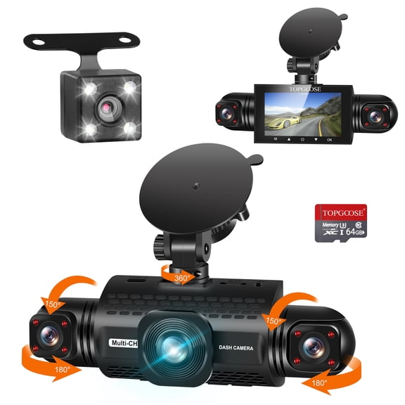360 Degree View 4 Channel Dash Cam Front and Rear Inside Left Right, TOPGOOSE Dash Camera for Cars FHD 1080P,Free 64GB Card,Multi-Ch Dash Camera for Cars,Black Box Trafflc Recorder,G-Sensor