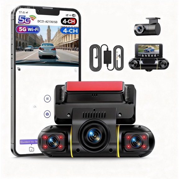 360 Degree View 4 Channel Dash Cam Front and Rear Inside 5G WiFi Camera for Cars APP Control 8 IR Night Vision Parking Monitor Emergency Recording